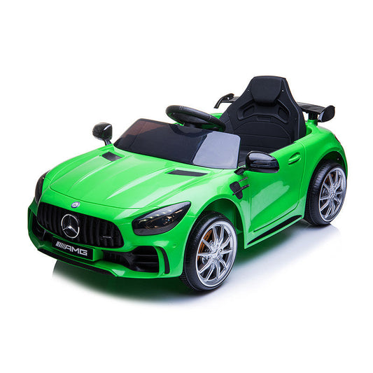 "Green Mercedes AMG GTR electric ride-on car for kids with parent remote, 2-seater feature, displayed on a white background."