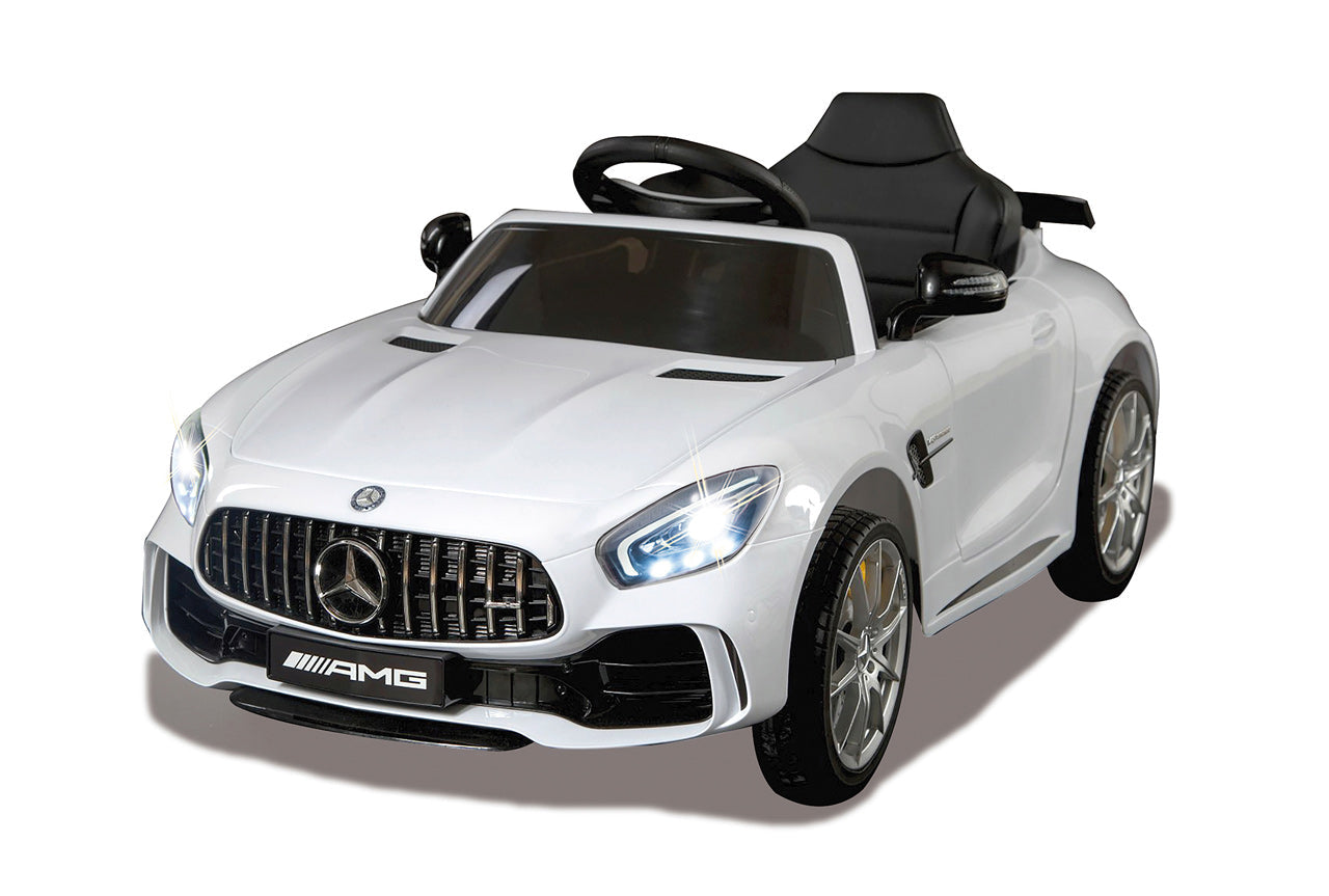 "White Mercedes AMG GTR 2-Seater electric ride-on toy car with parent remote control, designed for kids"