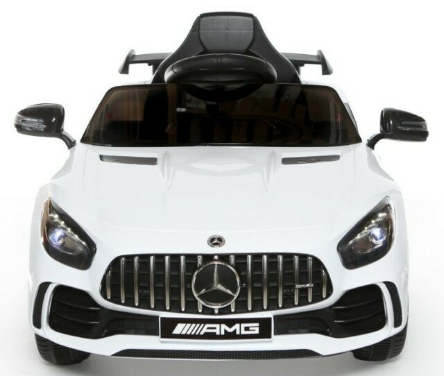 "White Mercedes AMG GTR 2 seater electric ride on car with parent remote control for kids"