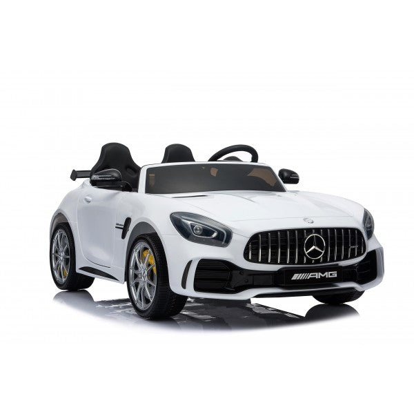 "White Mercedes AMG GTR 2 Seater 24v Kids Electric Car from Kids Car Store featuring Parental Remote Control."
