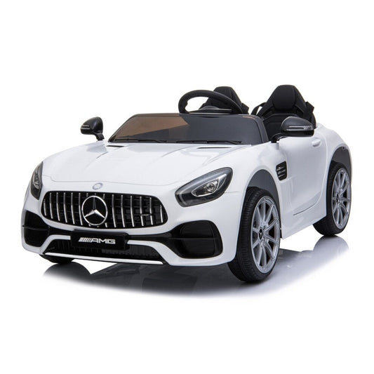 "White 2-seater Mercedes AMG GTR kids electric ride on car with parental remote control, available at Kids Car store."