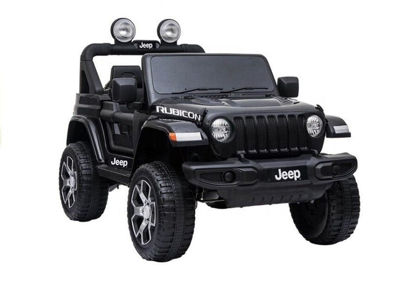 Black Jeep Rubicon electric ride on toy for children, equipped with 4WD 12V and a Bluetooth parental remote control, displayed on a white background.