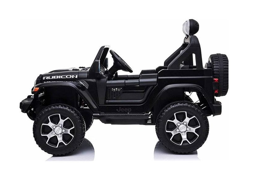 Black Jeep Rubicon 4WD 12V child's electric ride-on toy isolated on white background
