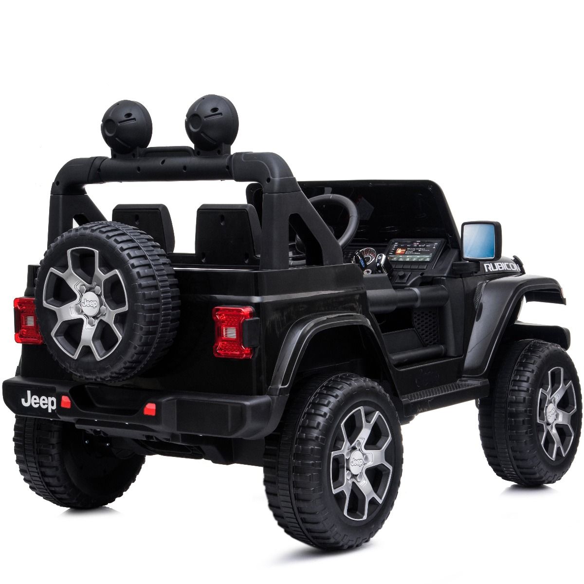 Black Jeep Rubicon children's electric ride-on car with oversized wheels and additional seating.