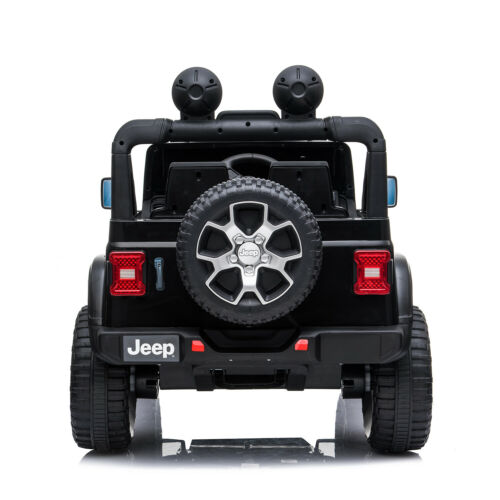 Rear view of black 4WD 12V Jeep Rubicon electric ride-on car for children on a white background.