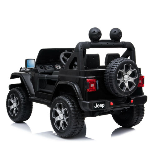 Black Jeep Rubicon 4WD children's ride-on car, electric, 12V isolated on white background.