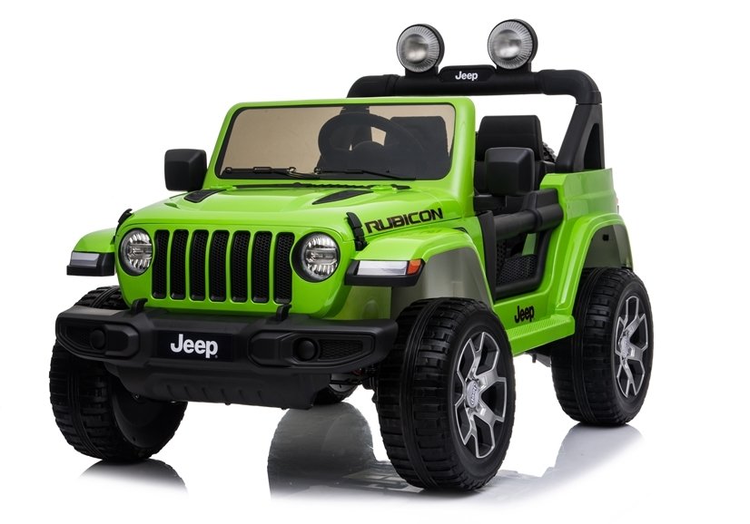 An electric, green Rubicon ride-on car for kids, modelled after a 4WD Jeep Wrangler, isolated on white.