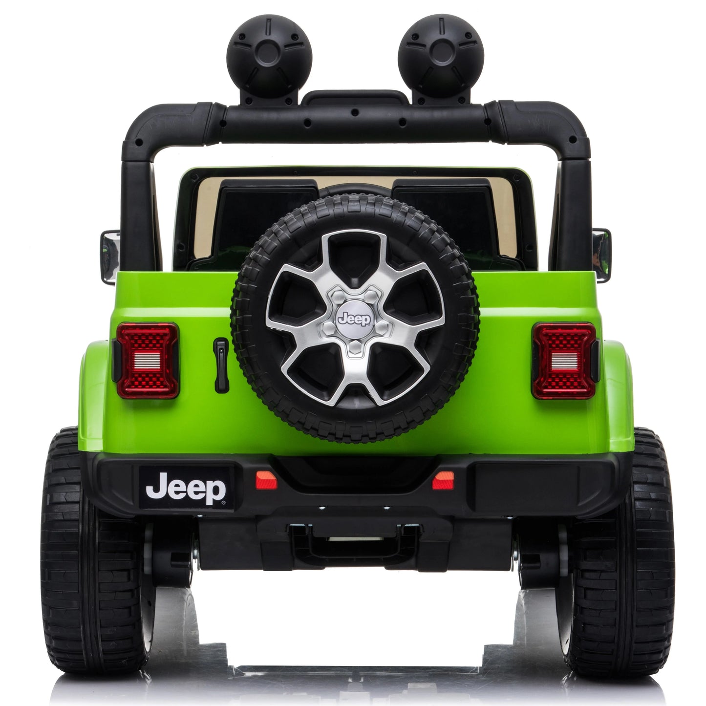 Rear view of a green Rubicon children's ride-on car with spare tire and tail lights, displayed on a white background.