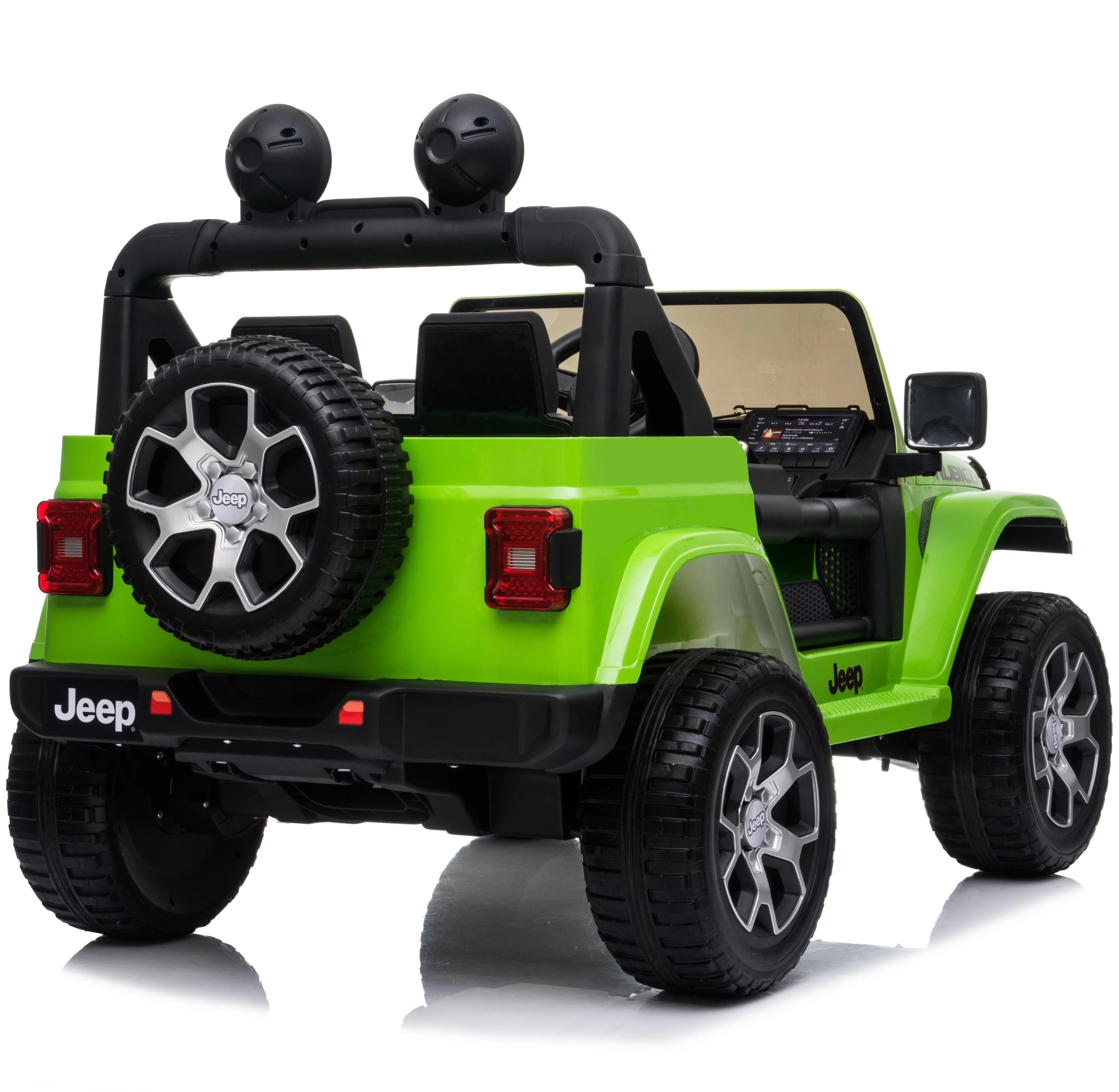 Green Rubicon 4WD 12V electric ride-on car for children on a white background