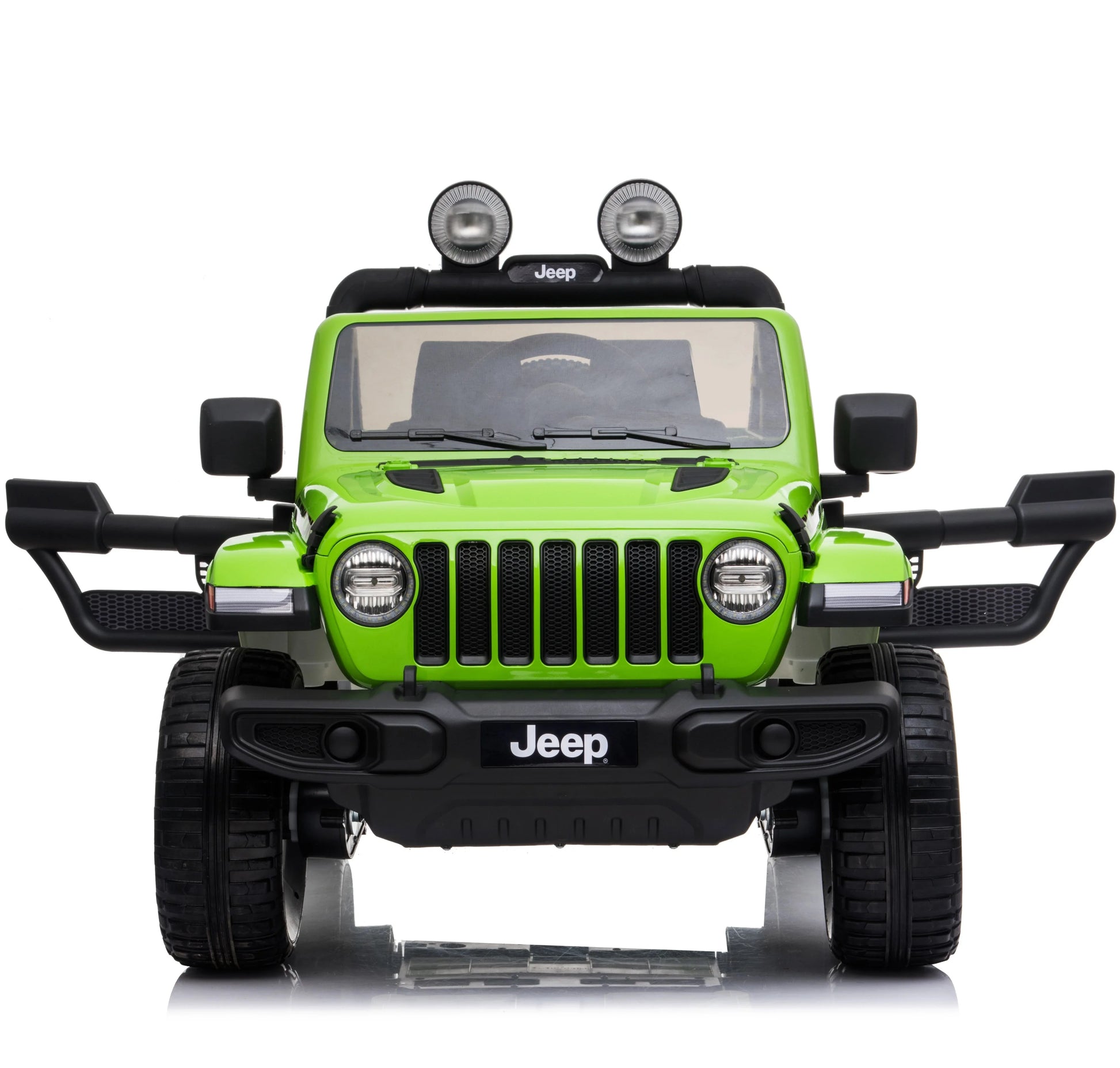 Green Rubicon model - 4WD 12V electric ride-on toy car for children on white background