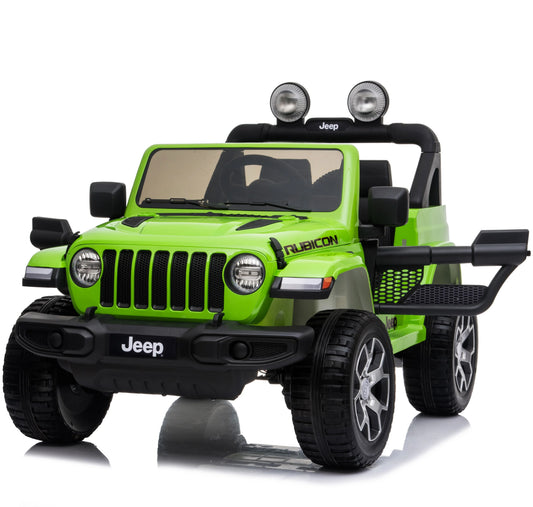 Green Rubicon 4WD children's electric ride-on Jeep isolated on white background.
