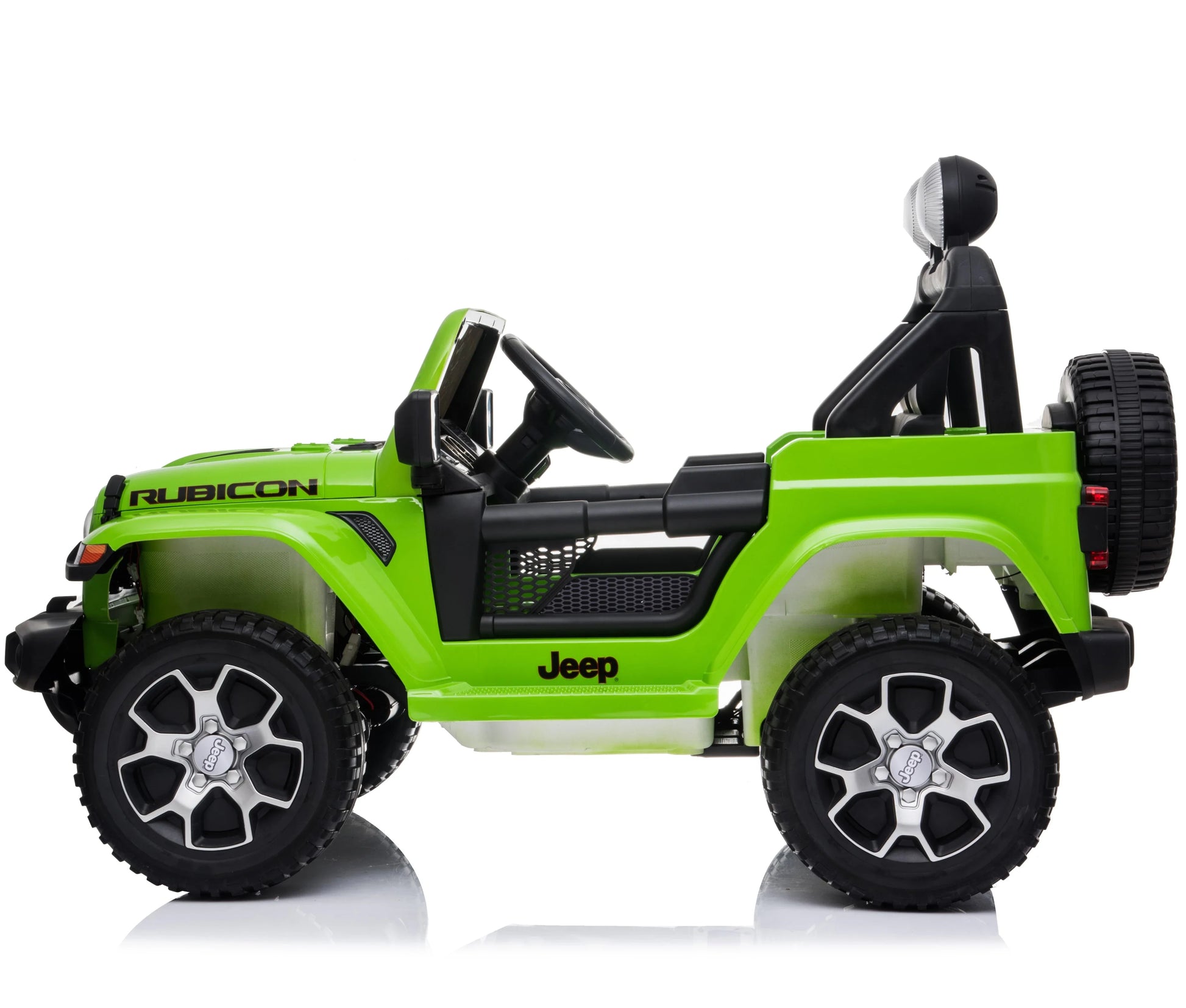 Green electric Rubicon ride-on Jeep for kids on a white background