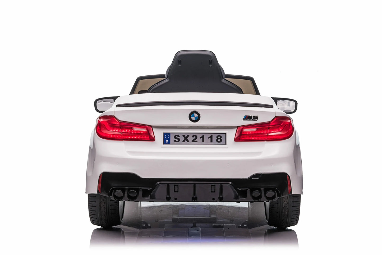 White BMW M5 Drift 24 Volt kids ride on car rear view against a white background