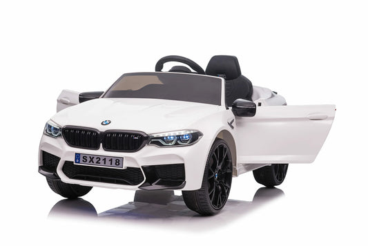 White BMW M5 Drift ride-on car for kids, 24 Volt with black trim and open doors