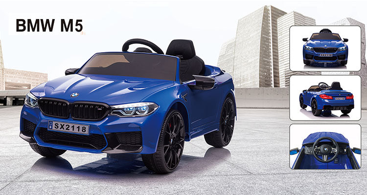 Blue BMW M5 Drift kids ride on car - 24 Volt electric toy model displayed from various angles