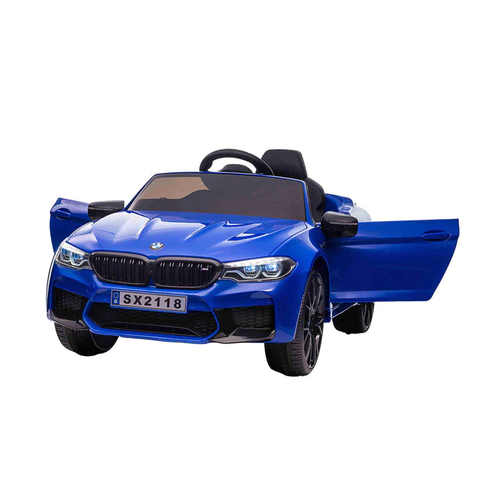 Blue BMW M5 drift-style ride-on car for kids complete with working doors and parental remote control.