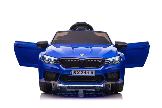 Blue BMW M5 Drift Electric Ride-On for Kids with Open Doors on a White Background