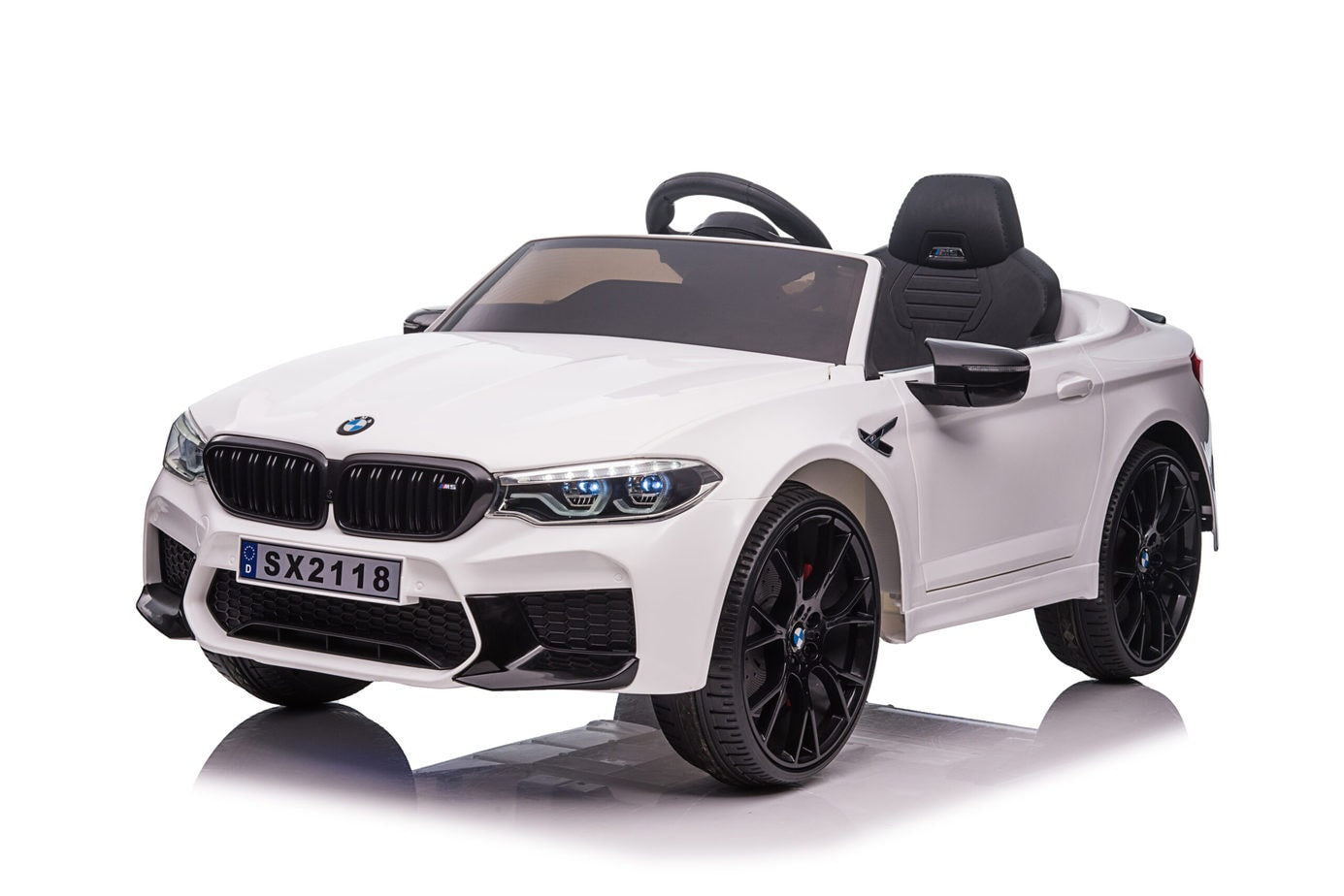 White BMW M5 Drift electric ride-on car for kids, 24-volt, showcased on a pristine white backdrop