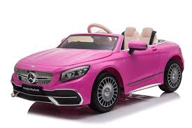 "Pink Mercedes-Benz S650 electric ride-on car for kids with parental control, isolated on white background."