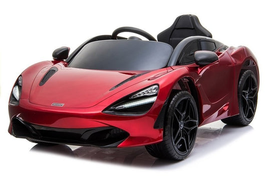 Red McLaren 720S Spider electric ride-on car for children, featuring black wheels, displayed on a white background.