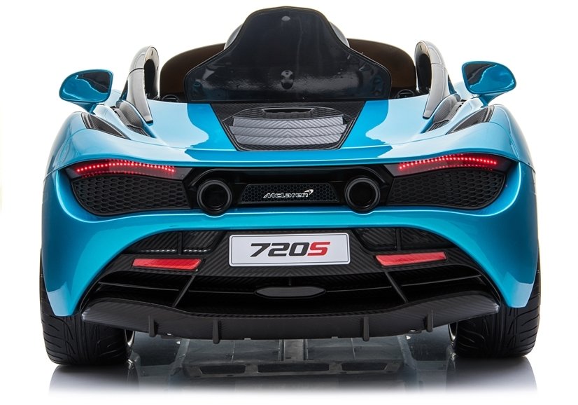Rear view of a blue McLaren 720S Spider electric ride-on car with distinct taillights and aerodynamic design, also includes twin motors.