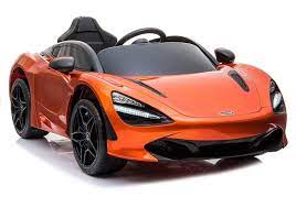 Orange McLaren 720S Spider Electric Car with Parental Remote Control for Kids on White Background