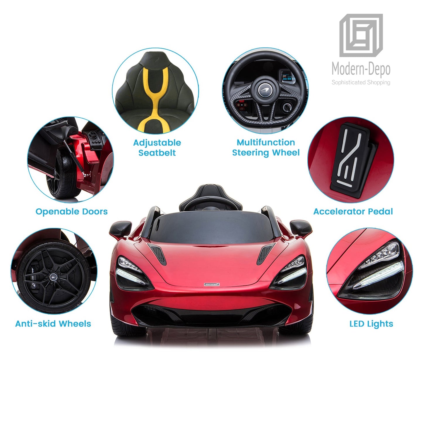 Red MCLAREN 720S Spider electric ride on car with openable doors, adjustable seatbelt, anti-skid wheels, steering wheel features, accelerator pedal and LED lights for a safe and exhilarating play experience. Also includes parental control for additional safety.