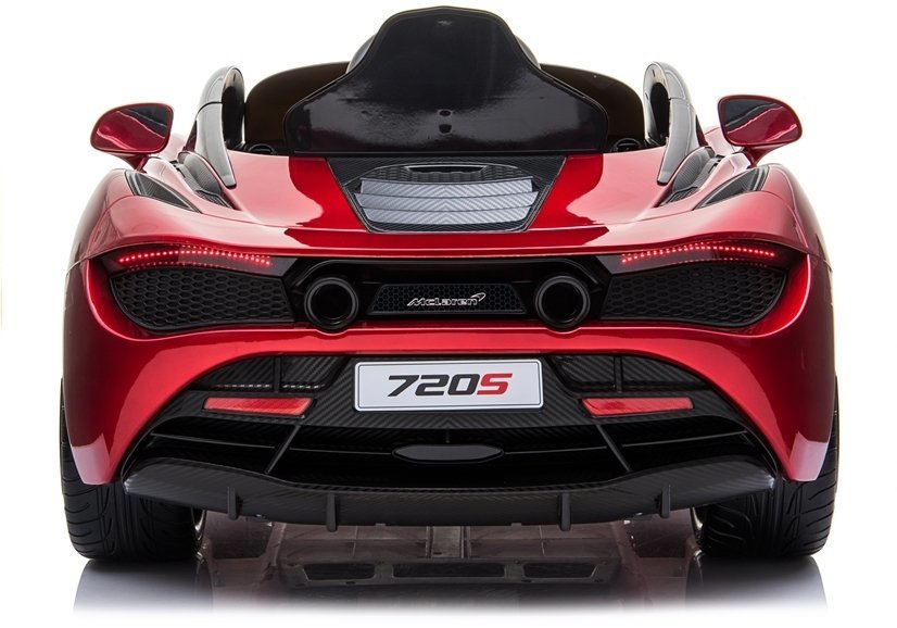 Rear view of a red McLaren 720S Spider electric ride-on car for kids, 12 volt