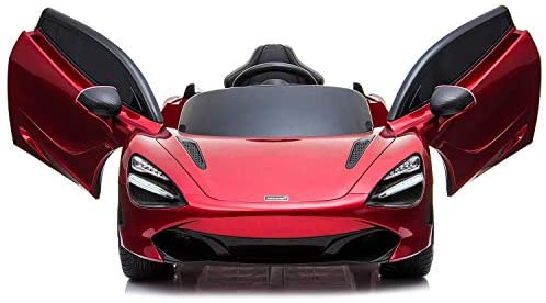 Red McLaren 720S Spider electric ride on car for kids, with open upward doors and parental control feature for safety.