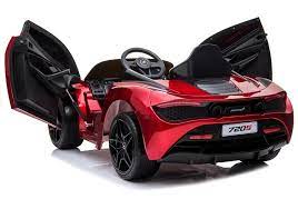 Red MCLAREN 720S Spider kid's electric ride-on car with doors open, powered by 12V.