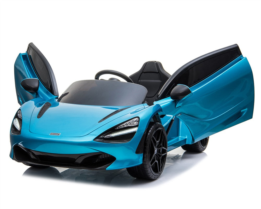 Blue McLaren 720S Spider electric ride-on car for kids with doors open, 12 Volt