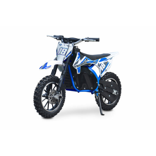 Blue and white Neo Outlaw electric dirt bike for children on a white background