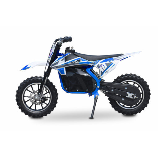 Blue and white Neo Outlaw electric dirt bike for kids on a white background