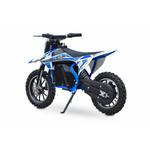 Blue Neo Outlaw Mini Motorbike, 800W 36V kids electric dirt bike on stand against white background.