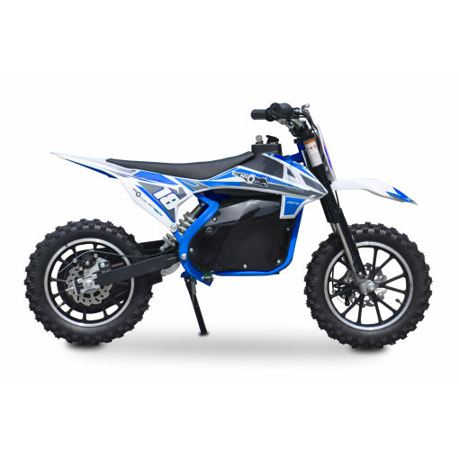 Blue and white electric dirt bike for kids, 800W 36V mini motorbike isolated on a white background