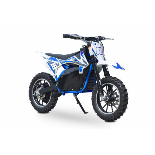 Blue electric dirt bike for kids with 800W 36V, Neo Outlaw mini motorbike model isolated on white background