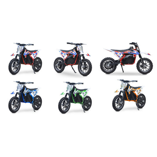 Five Blue Electric Dirt Bikes for Kids, including Neo Outlaw and 800W 36V models, displayed against a white background.