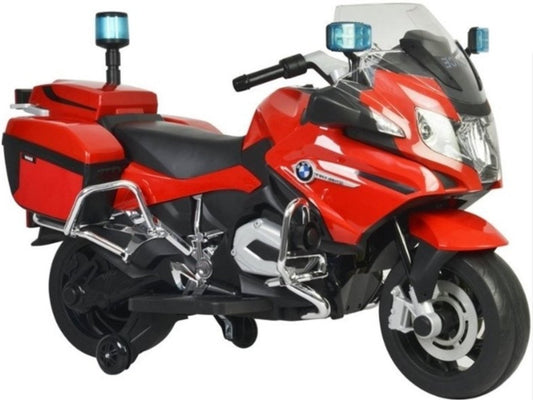 Child's red BMW Police Motorbike electric ride-on toy with flashing lights and storage compartments. Suitable for children over 3 years old.