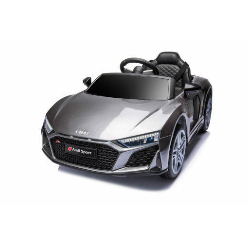 Grey/Silver Audi R8 licensed electric ride on A300 for kids on a white background.
