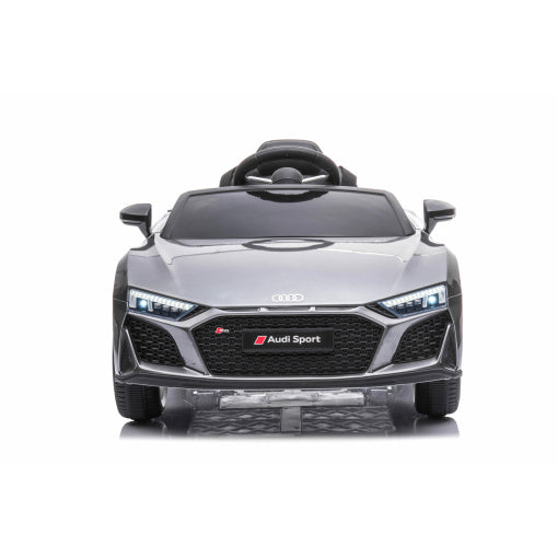 Children's Silver-grey Audi R8 Electric Ride On Car on White Background.