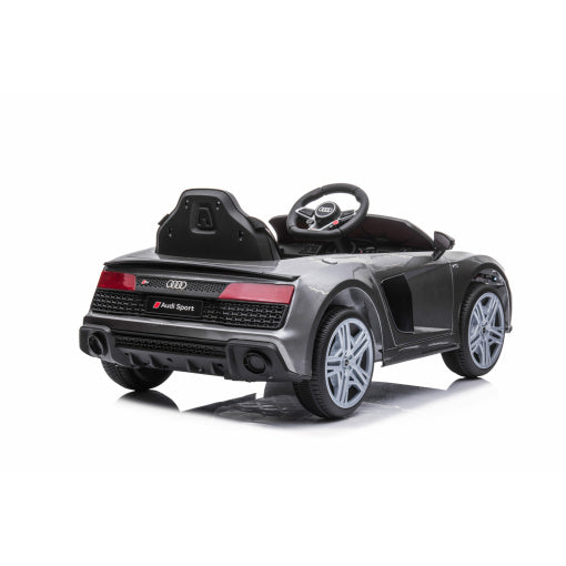 Luxe Grey/Silver Audi R8 A300 model electric ride on car for kids on a white background