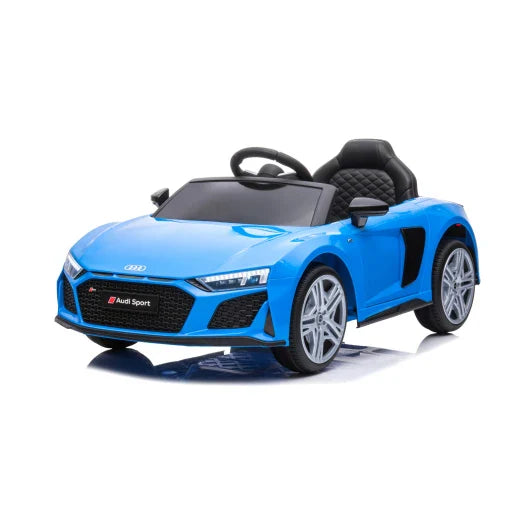 Blue Audi R8 electric ride-on toy car for kids isolated on white background.