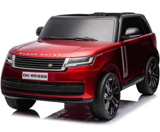Red Range Rover toy car model, electric ride on for kids, 24 Volt SUV on white background.