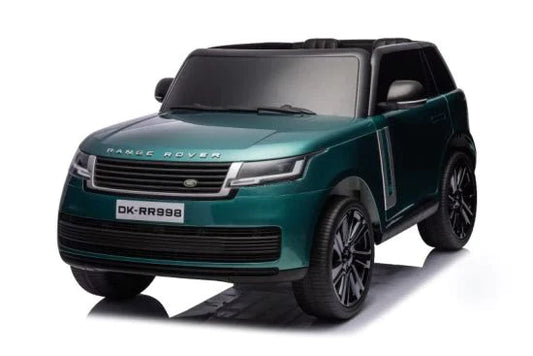 Green Range Rover electric ride on car for kids with remote parental control on a white background