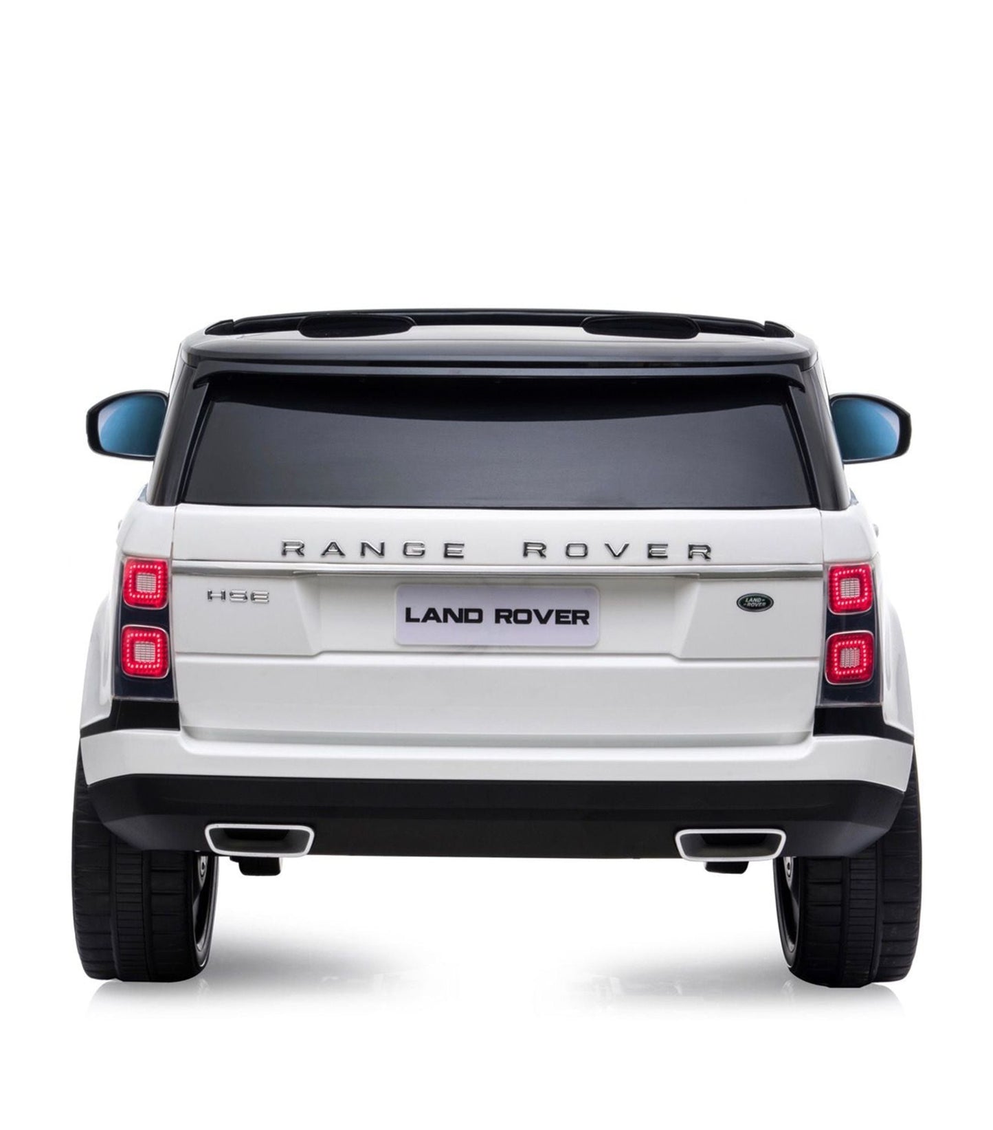 Rear view of a white electric ride-on Range Rover Vogue for kids against a white background.