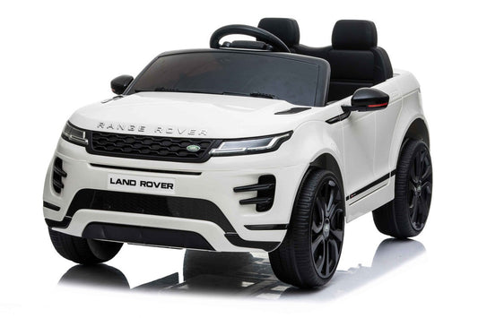 A white, electric Range Rover Evoque ride-on toy designed for kids featuring parental control settings, against a white backdrop. Offered on KidsCar.co.uk.