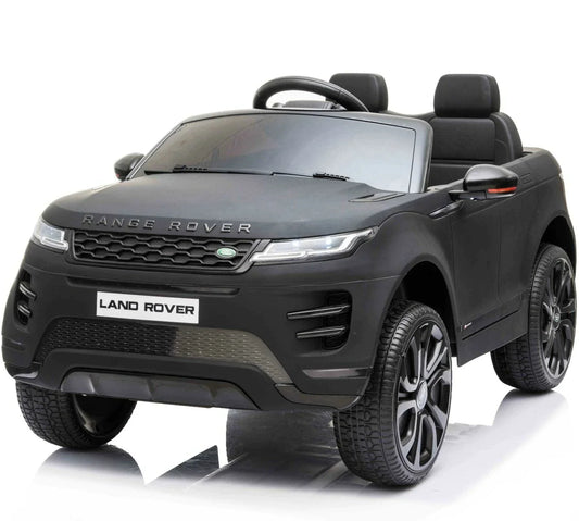 Matte Black Range Rover Evoque Kids Electric Ride on Car with Parental Remote Control on a White Background.
