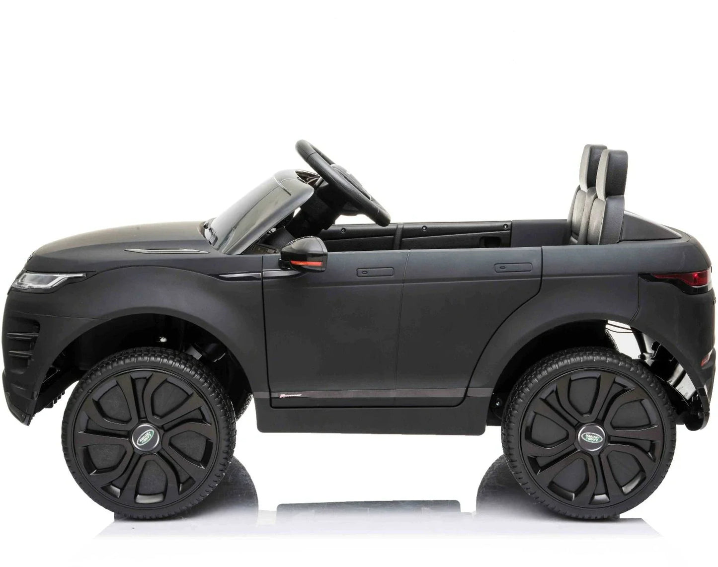 Matte Black Range Rover Evoque Kids Electric Ride on Car with Parental Control on a white background, side view.