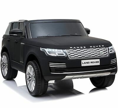 Matte black 2-seater ride on jeep for children, electric Range Rover Vogue with remote parental control on a white backdrop.