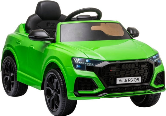 Bright green Audi RS electric ride-on toy with black trim and wheels for kids